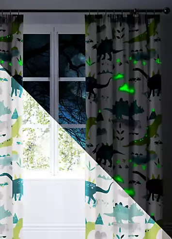 Bedlam Dino Pair of Glow In The Dark Lined Pencil Pleat Curtains | Kaleidoscope