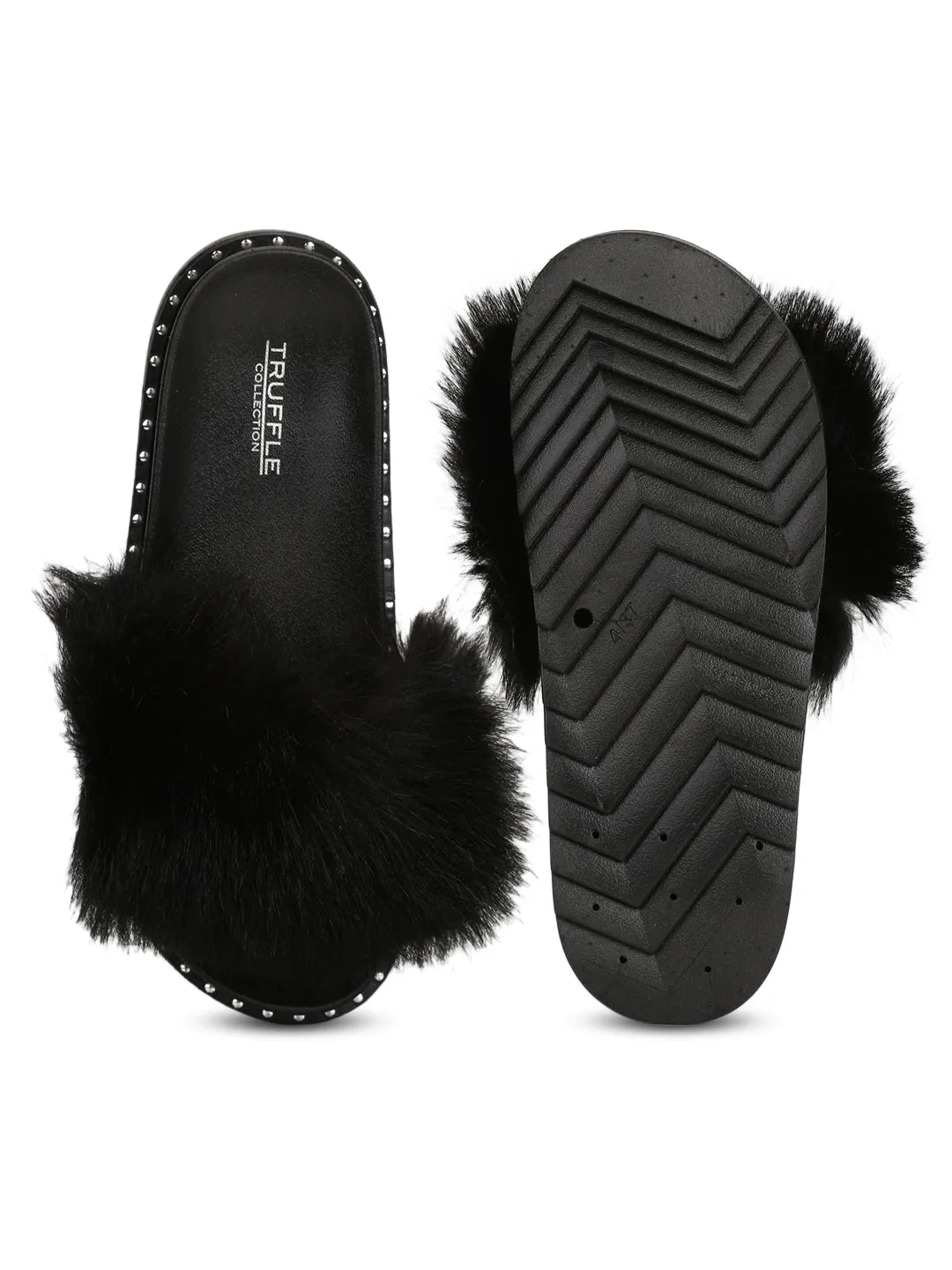 Black Fur Studded Slip-on Flats