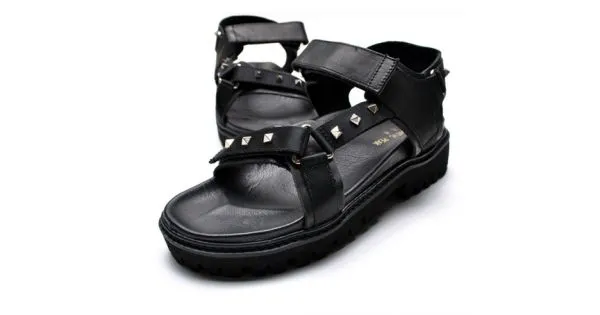 Black Leather Straps Square Studs Thick Sole Mens Roman Gladiator Sandals