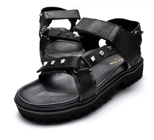 Black Leather Straps Square Studs Thick Sole Mens Roman Gladiator Sandals