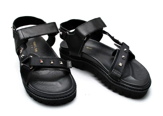 Black Leather Straps Square Studs Thick Sole Mens Roman Gladiator Sandals