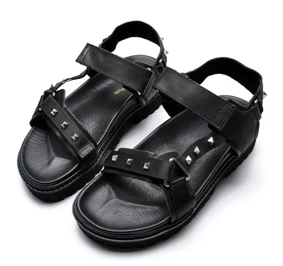 Black Leather Straps Square Studs Thick Sole Mens Roman Gladiator Sandals