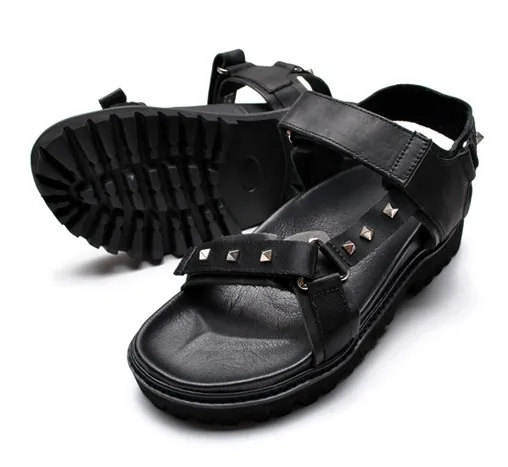 Black Leather Straps Square Studs Thick Sole Mens Roman Gladiator Sandals