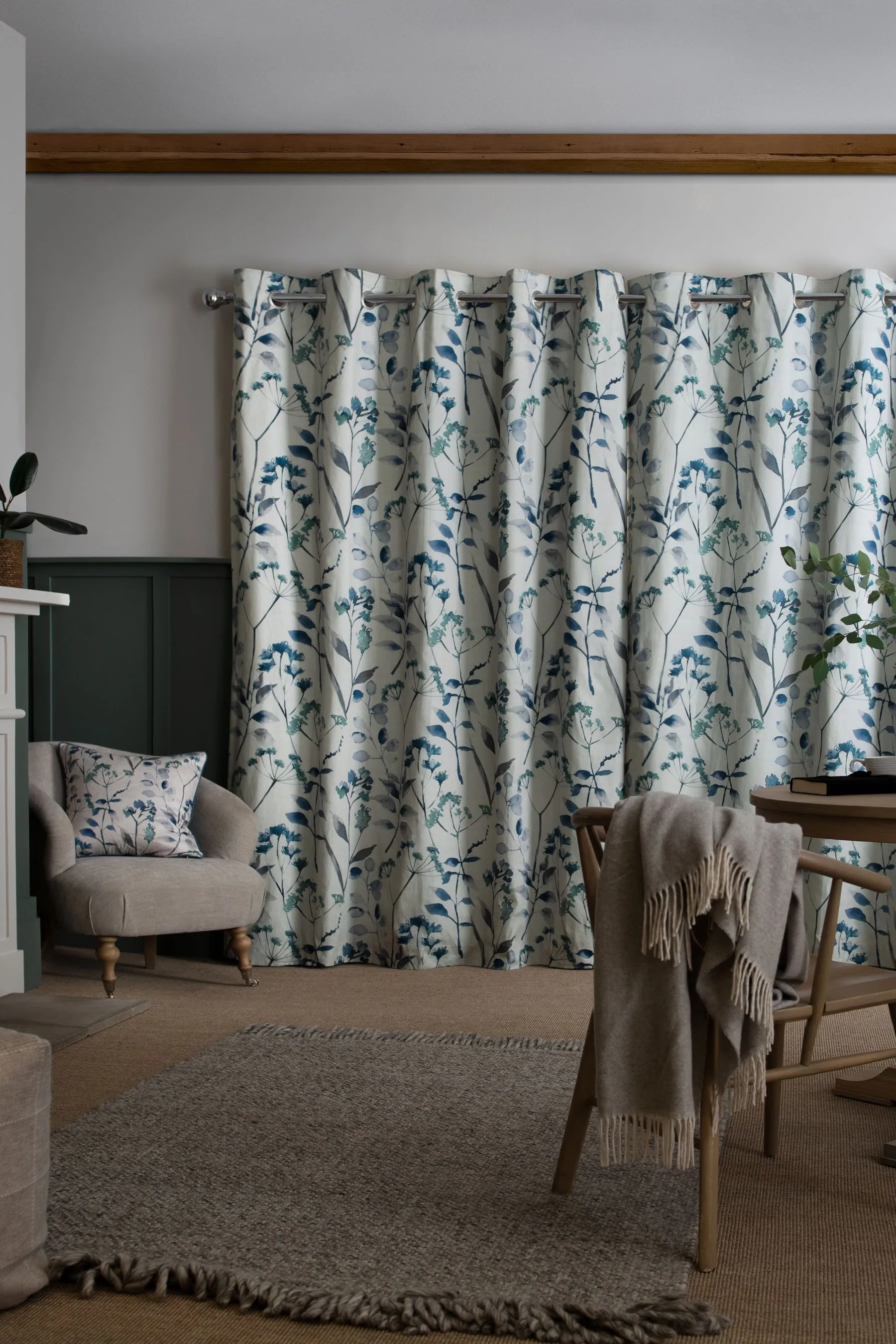 Blue Isla Floral Print Blackout/Thermal Curtains