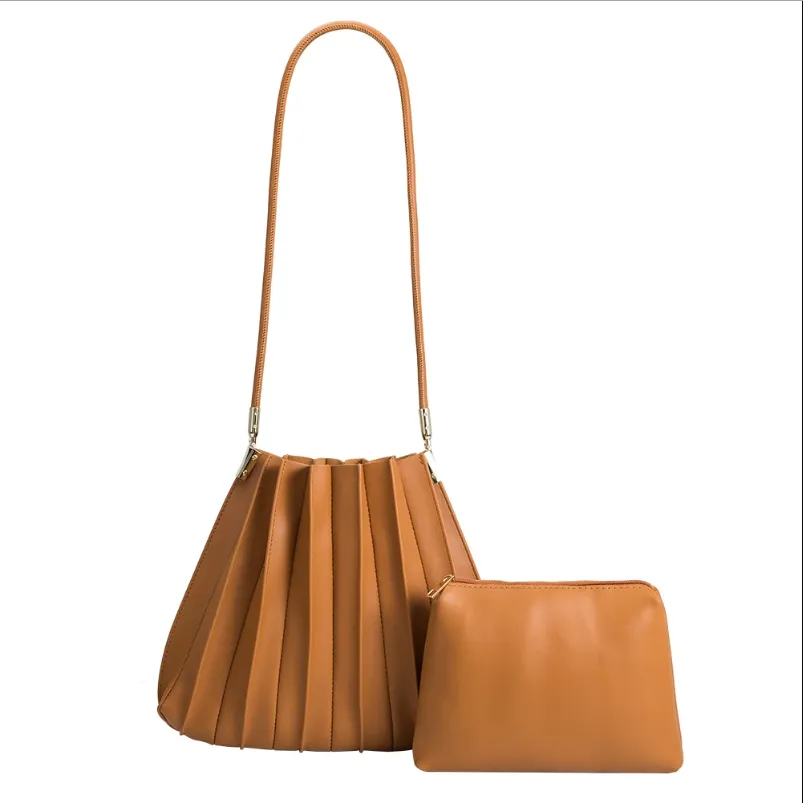 Carrie Pleated Shoulder Bag- Saddle