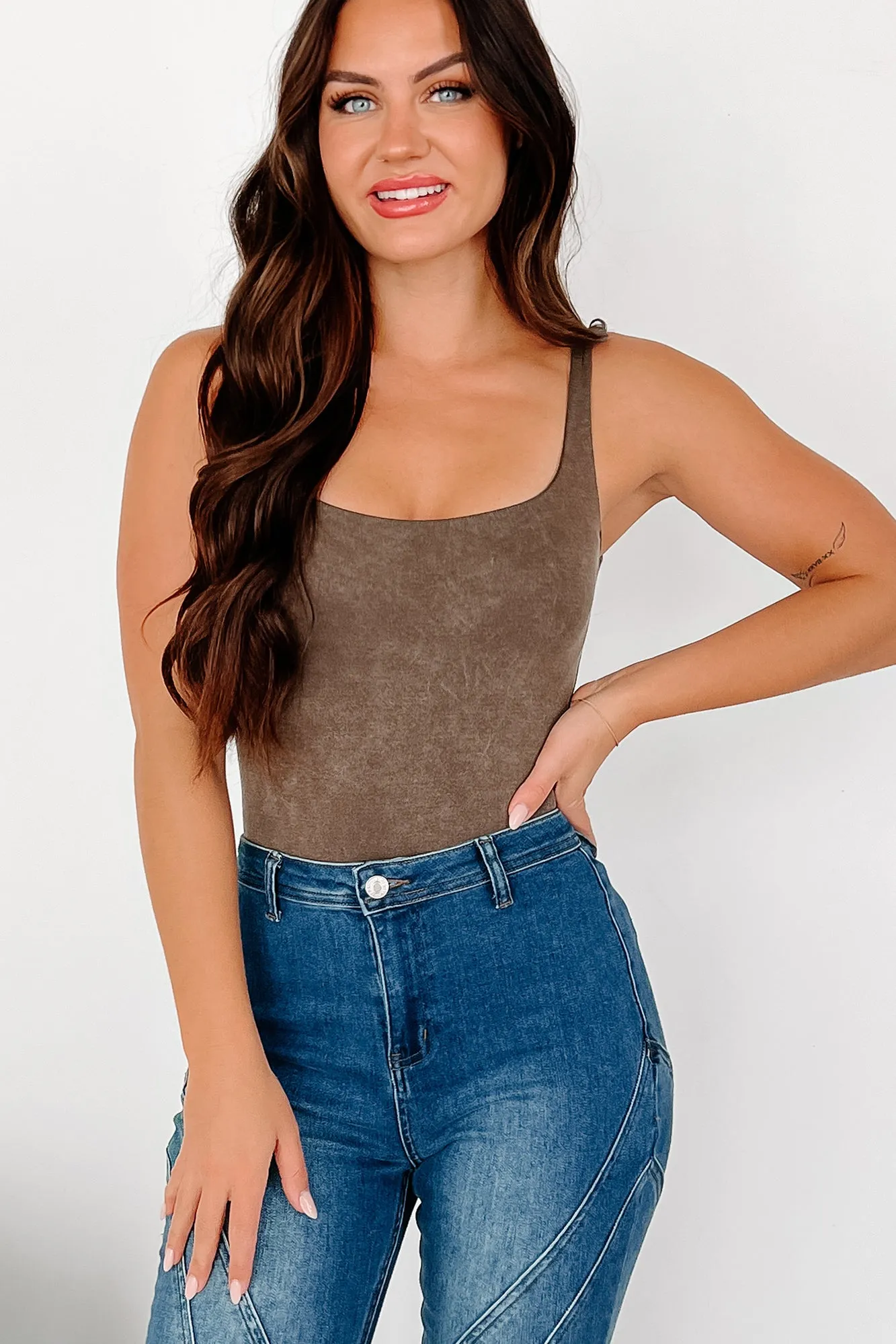 Casual Tendencies Washed Tank Bodysuit (Brown)