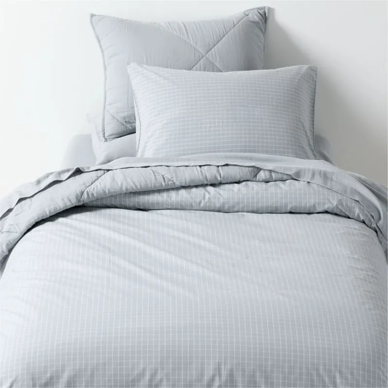 Crate&Barrel Stax Mini Grid Mist Blue Yarn-Dyed Organic Cotton Kids Twin Duvet Cover