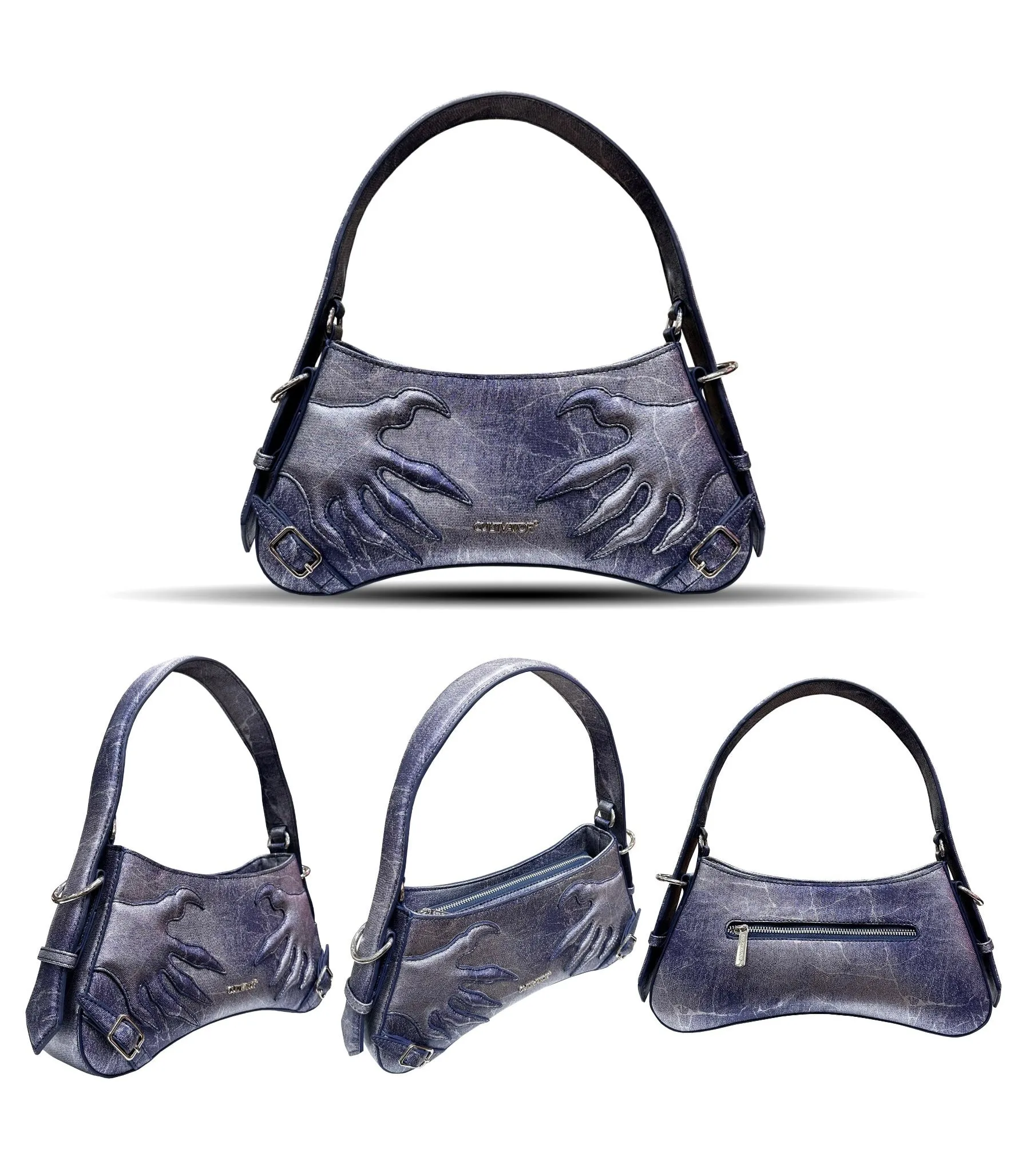 Cultivator Night Blue Three-Dimensional Hands Pu Leather Pleated Strap Handle Shoulder Bag Baguette Handbag