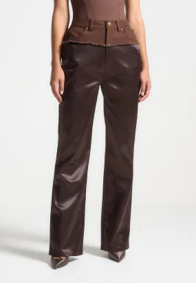 Distressed Drill & Satin Trousers - Brown