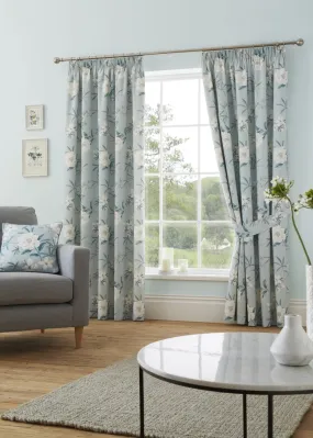 Dreams & Drapes Eve Blue Pencil Pleat Curtains With Tie-Backs