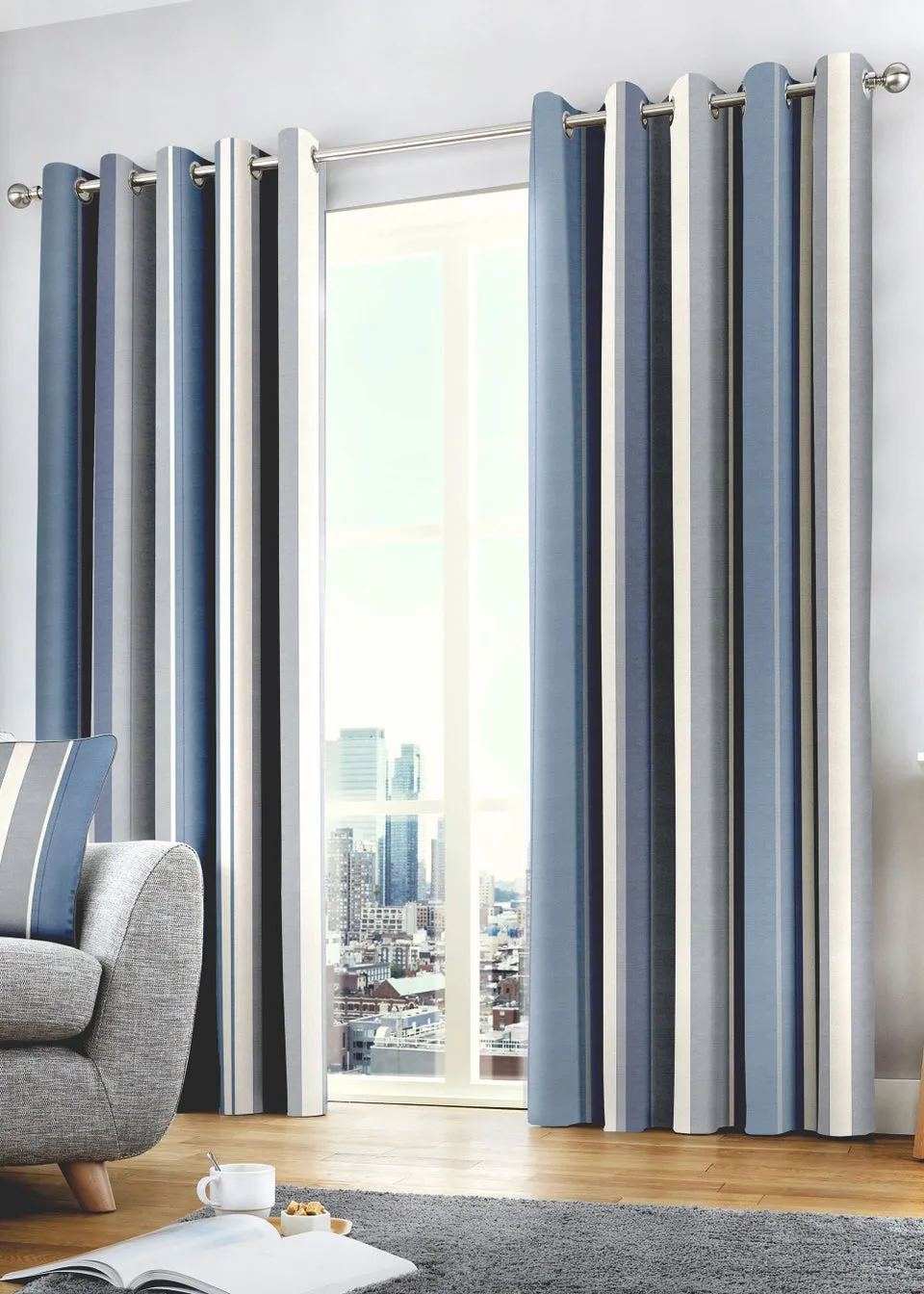 Fusion Whitworth Stripe Blue Eyelet Curtains