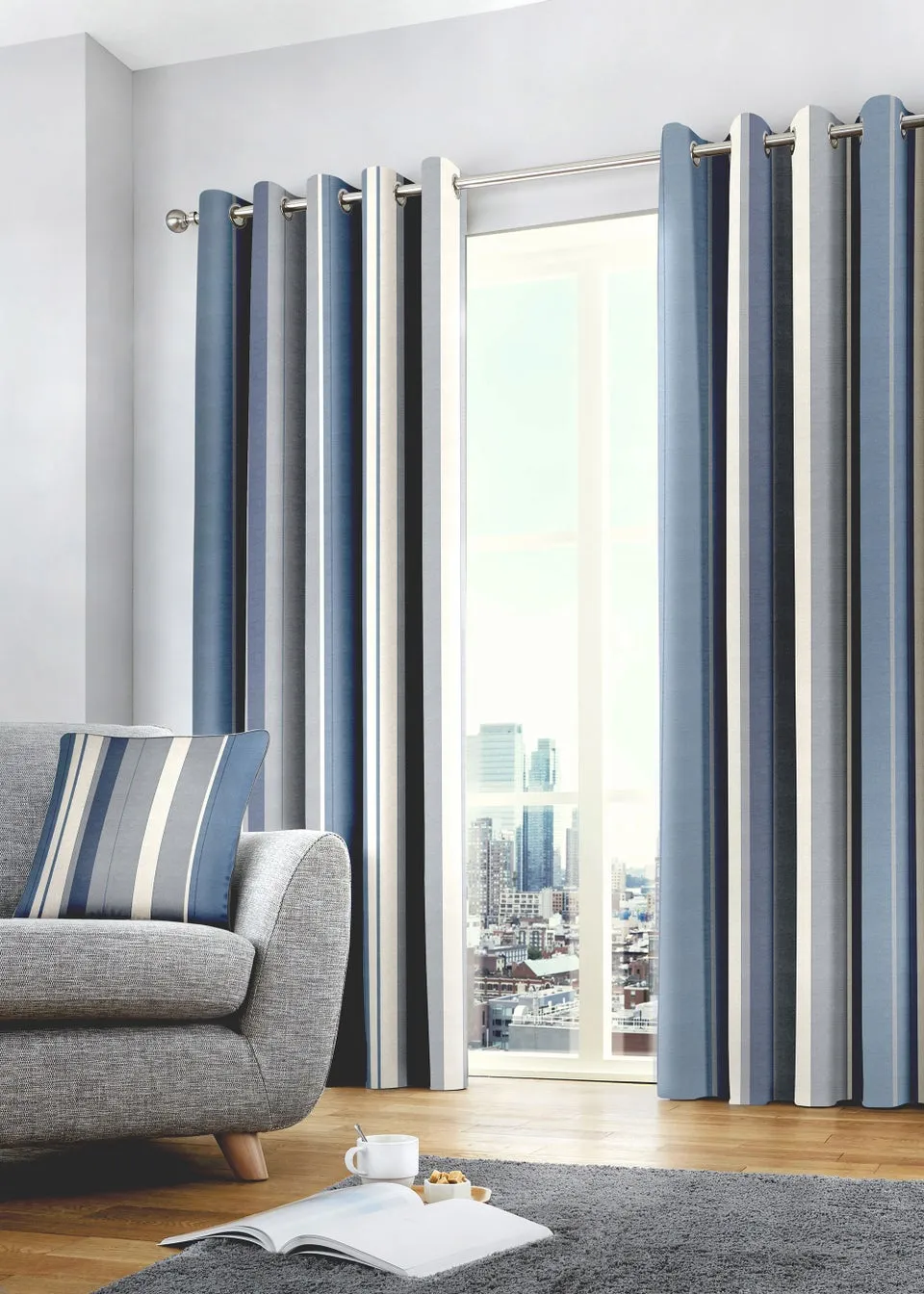 Fusion Whitworth Stripe Blue Eyelet Curtains