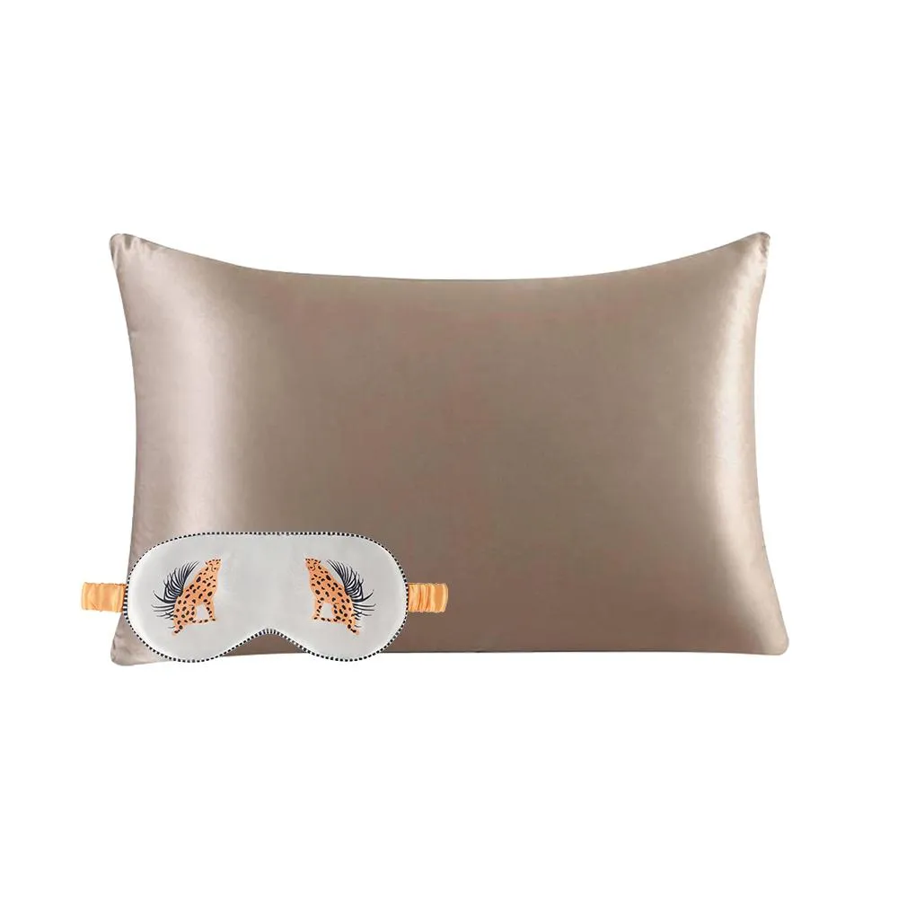 Hang Accessories Cheetah Eye Mask & Taupe Pillowcase Satin Set