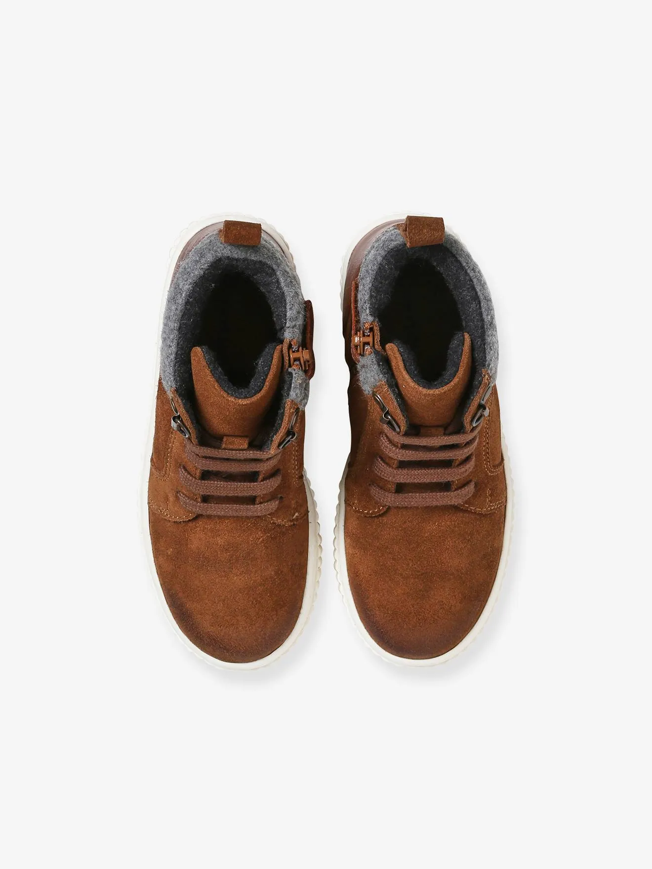 High Top Leather Trainers with Laces & Zip, for Children - brown