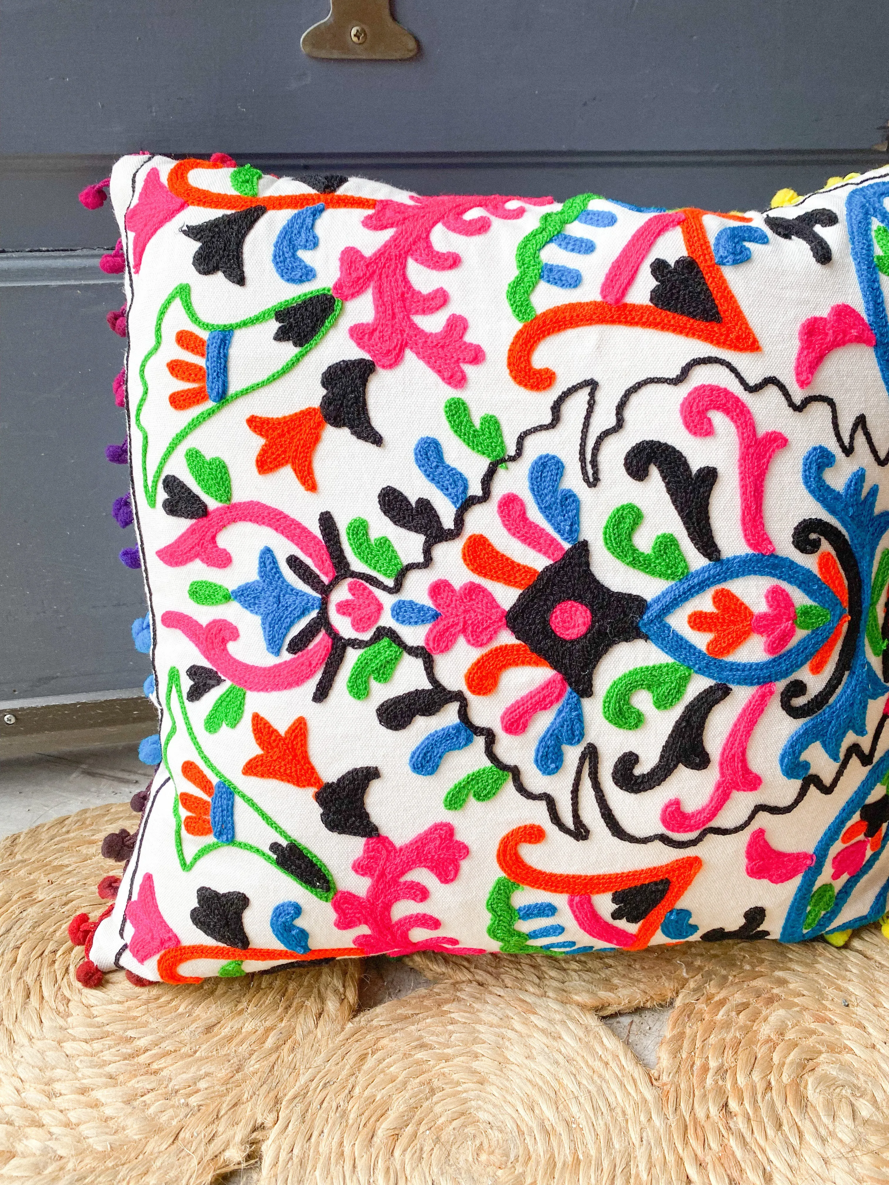 KANTHA PILLOWCASE WITH POM POMS