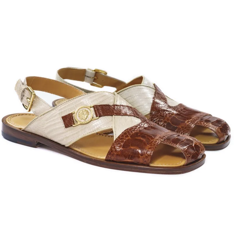 Mauri 5076 Romano Ostrich & Lizard Sandals Gold & Linen (Special Order)