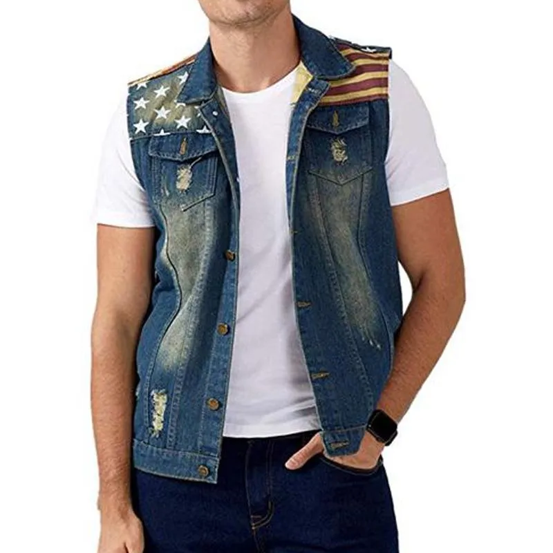 Men's Casual Vintage Flag Denim Vest 83040802Y