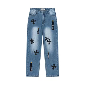 Religious Candles Embroidered Denim