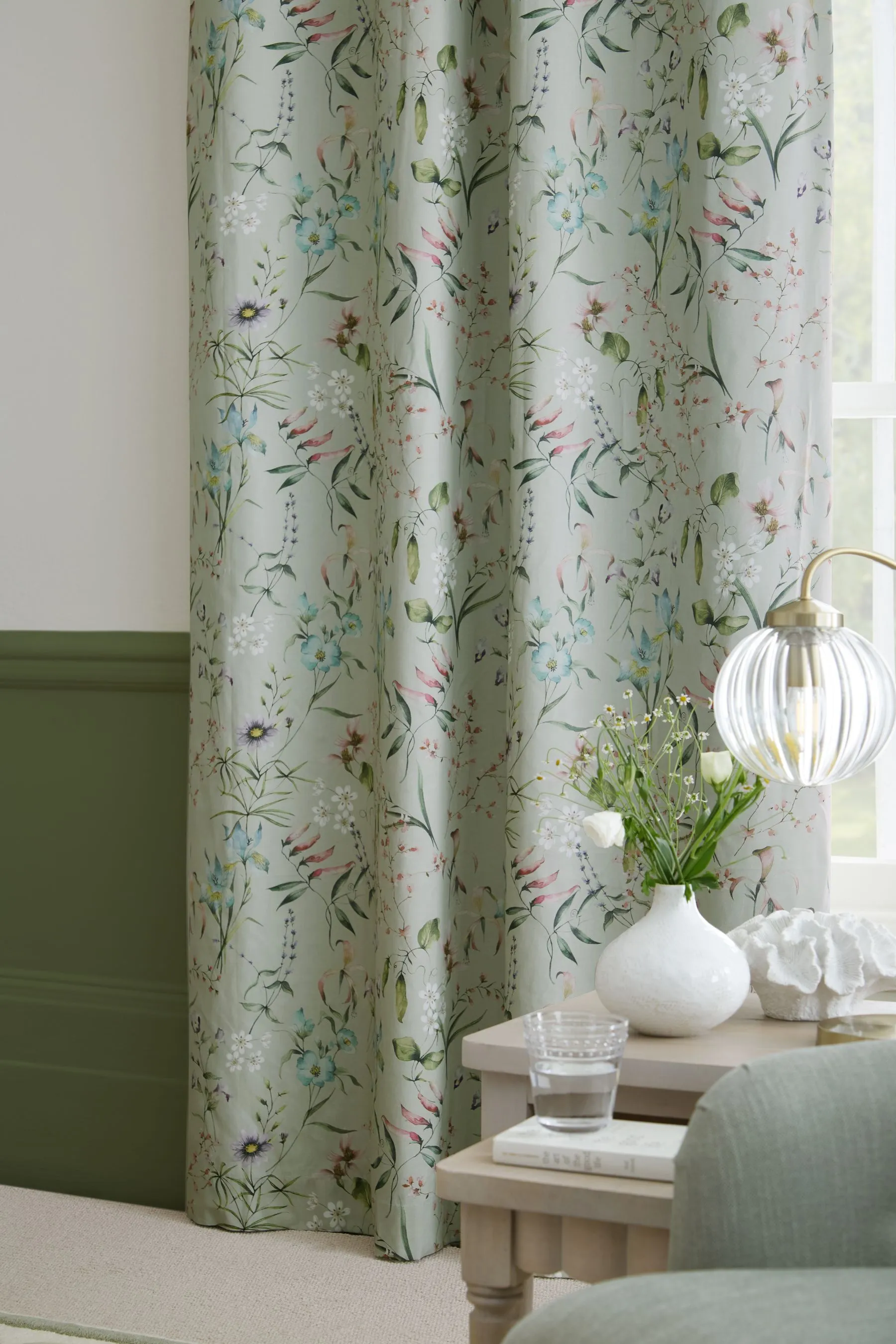 Sage Green Next Regency Floral Eyelet Blackout/Thermal Curtains