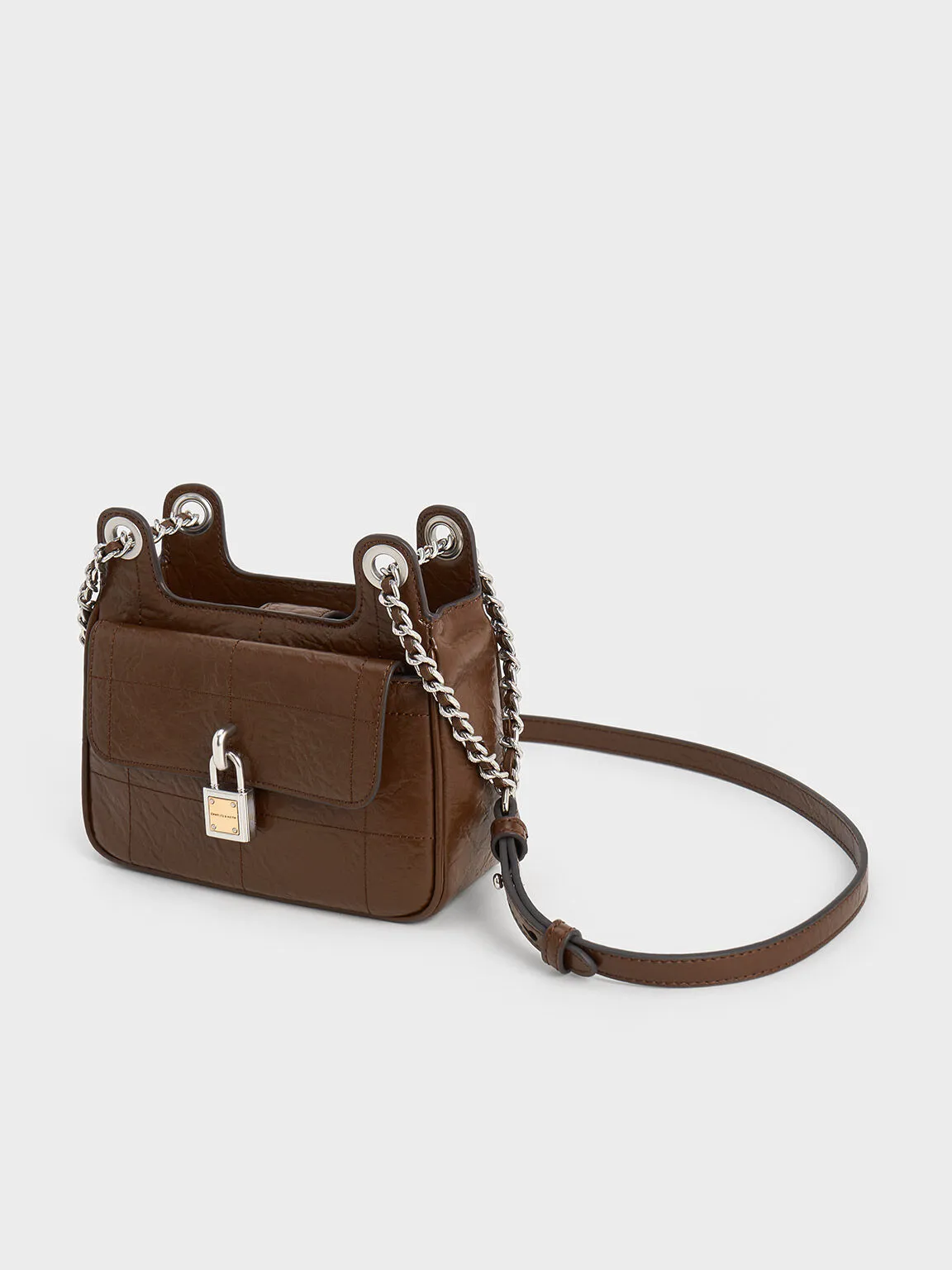 Suki Crinkle-Effect Padlock Shoulder Bag - Dark Brown