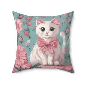 White Cat and Flowers Pillow